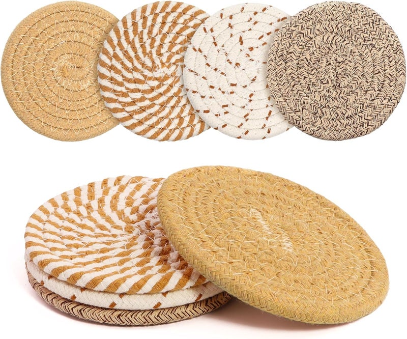 krastmon Coasters Set of 4 for Drinks, Cotton Woven 4 Colors Absorbent Boho Coasters for Home Decor Cups - Hot or Cold Drink Thickened (Light Khaki) - Image 1