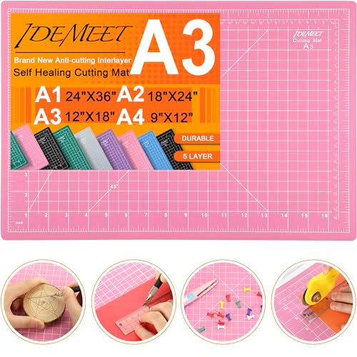 Idemeet Density-upgraded 18"x12" Self Healing Cutting Mat, Idemeet Rotary Sewing Mat for Crafts, 5-Ply Blade Table Protector Cut Board for Fabric Leather Cutting Quilting Modeling Hobby Project, A3, Pink - Image 1