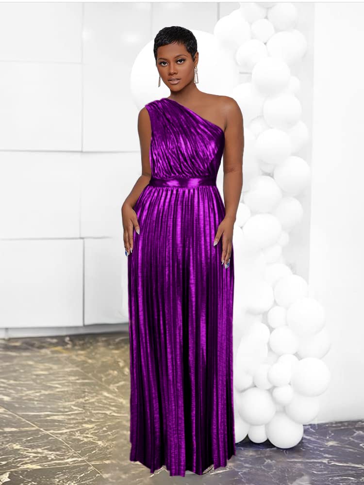 AOMEI Women's Purple Luxury Metallic One Shoulder Sleeveless Elegant Pleated Long Dress (M,Medium) - Image 2