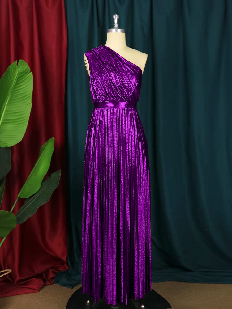 AOMEI Women's Purple Luxury Metallic One Shoulder Sleeveless Elegant Pleated Long Dress (M,Medium) - Image 3