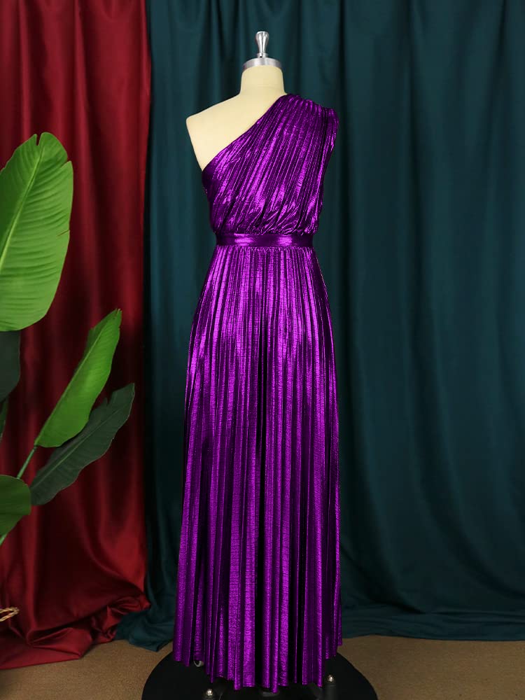 AOMEI Women's Purple Luxury Metallic One Shoulder Sleeveless Elegant Pleated Long Dress (M,Medium) - Image 4