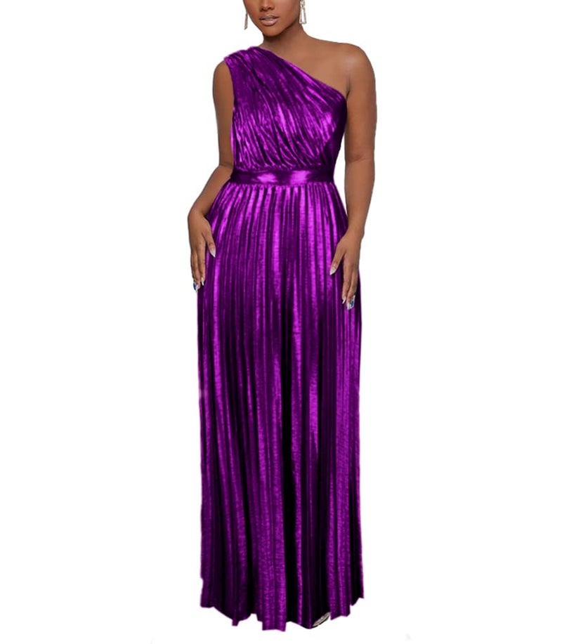 AOMEI Women's Purple Luxury Metallic One Shoulder Sleeveless Elegant Pleated Long Dress (M,Medium) - Image 1