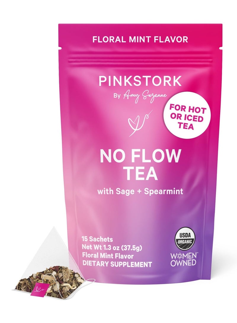 Pink Stork No Flow Tea With Sage + Spearmint 15 Sachets Net Wt 1.3 Oz (37.5G) Floral Mint Flavor, Dietary Supplement Usda Organic, Women Owned - Image 1