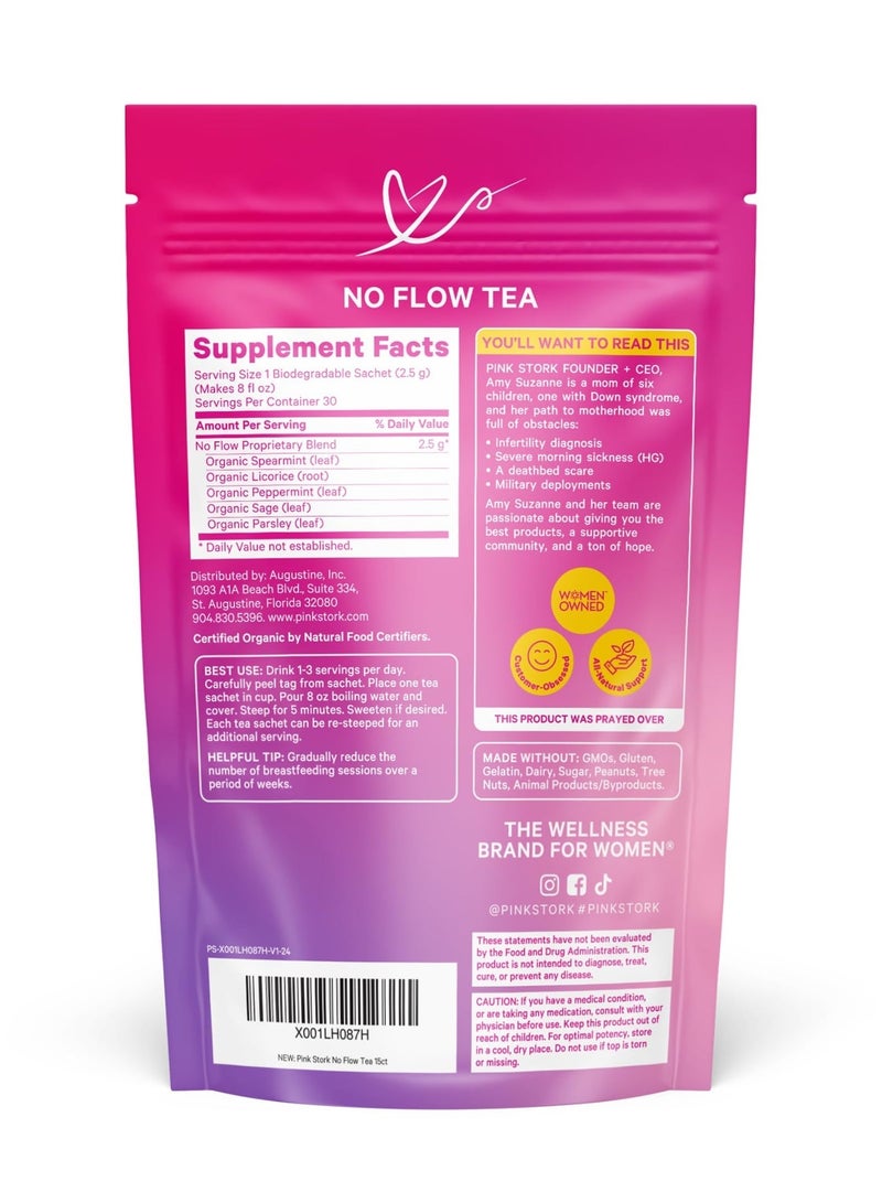 Pink Stork No Flow Tea With Sage + Spearmint 15 Sachets Net Wt 1.3 Oz (37.5G) Floral Mint Flavor, Dietary Supplement Usda Organic, Women Owned - Image 2