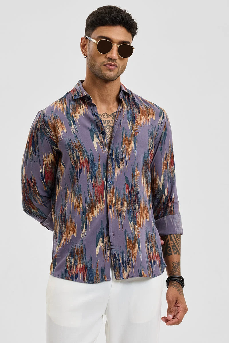 SNITCH Purple Abstract Long Sleeve Slim Fit Casual Shirt