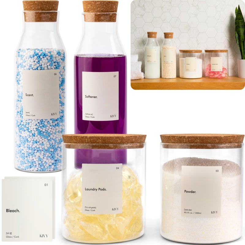 KIVY طقم حاويات موزع منظف زجاجي KIVY مكون من 4 قطع بما في ذلك الملصقات برطمانات زجاجية كبيرة لتنظيم ديكور غرفة الغسيل موزع صابون الغسيل لموزع المنظفات السائلة موزع منعم الأقمشة