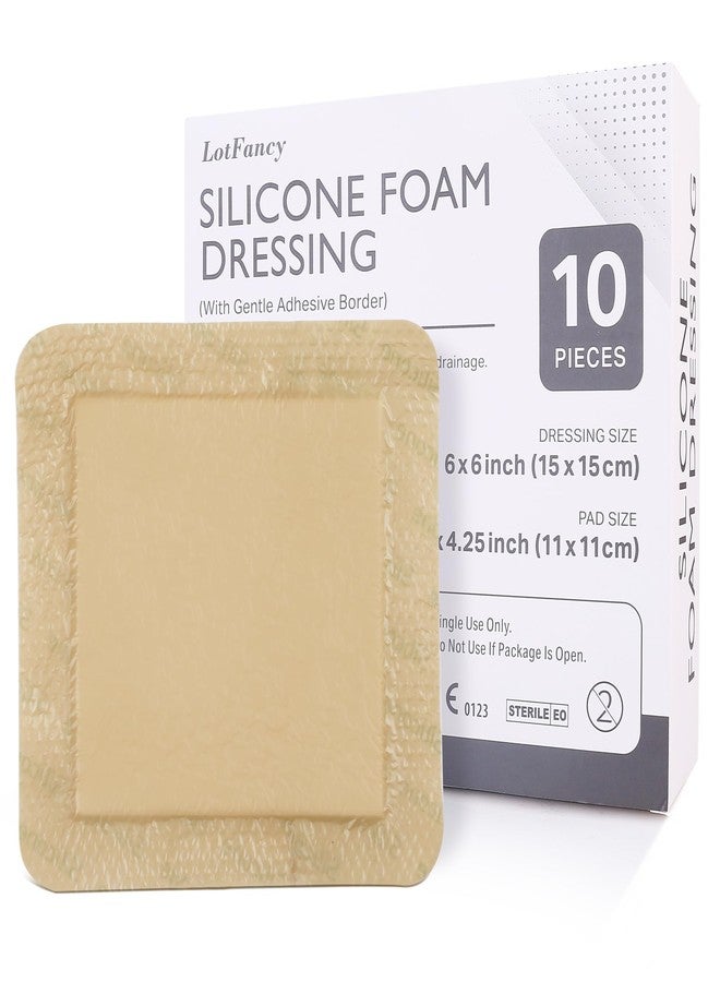 LotFancy Silicone Foam Dressing, 6"x 6" (4.3" x 4.3" Pad), 10 Count, Medical Sterile Wound Dressing with Border, Bed Sores, Pressure Ulcers Healing Bandage Pad, Highly Absorbent, Waterproof - Image 1