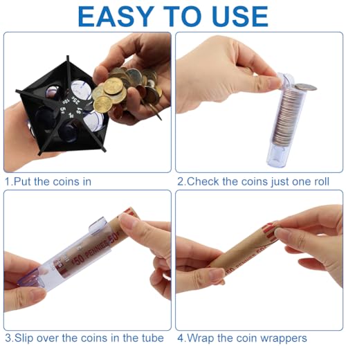 Trasylph Coin Counter Coin Sorter Tube, 5-in-1 Change Sorter Coin Organizer with Coin Wrappers, Change Counter Machine Coin Roller Coin Bank Holder Coin Wrappers, Easy to Use & Accurate - Image 5