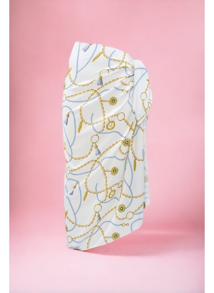 Pistore White Turquoise Chain Patterned Long Pareo Satin Women's Beach Dress New Season  - Image 1