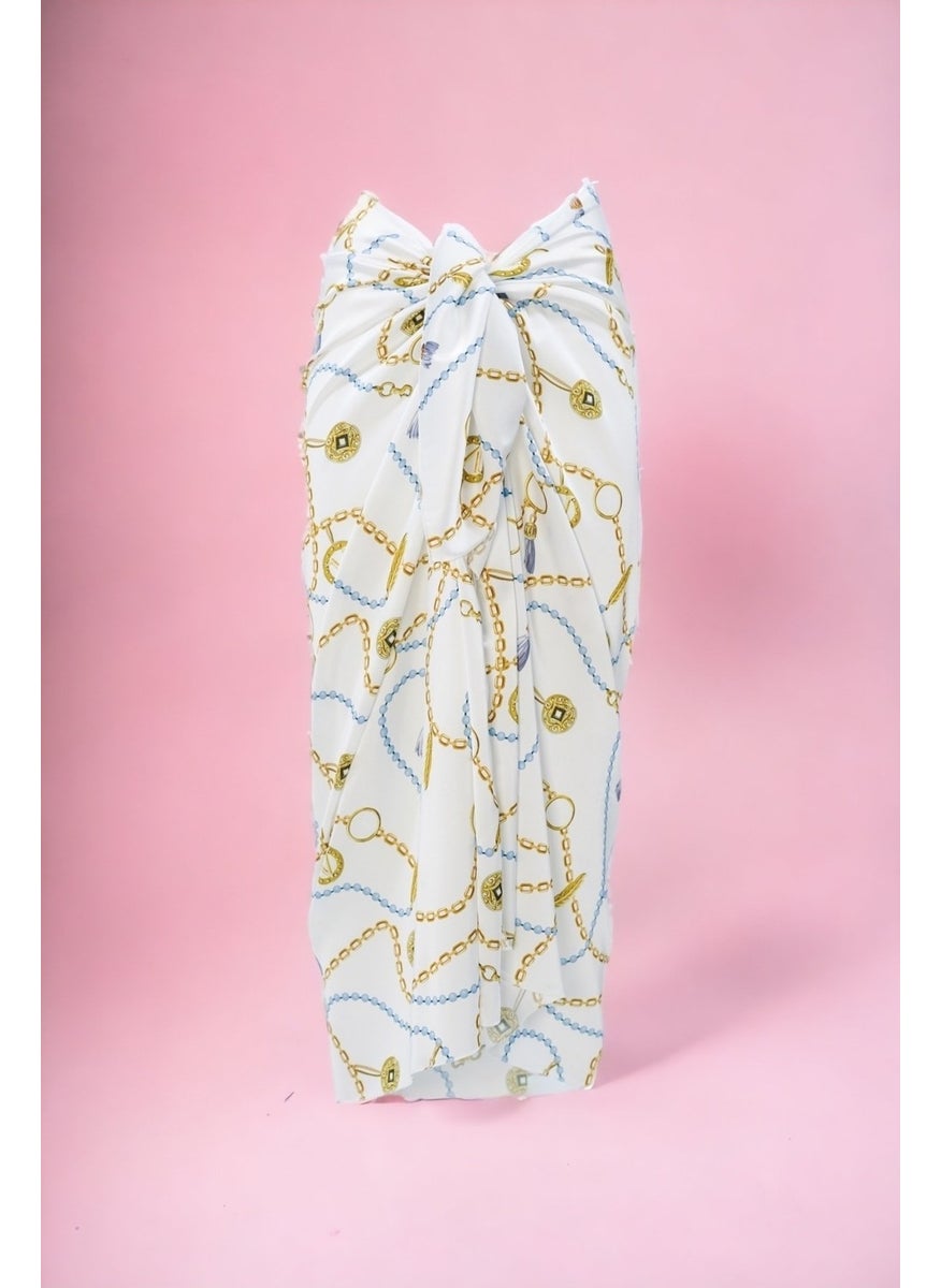 Pistore White Turquoise Chain Patterned Long Pareo Satin Women's Beach Dress New Season  - Image 2