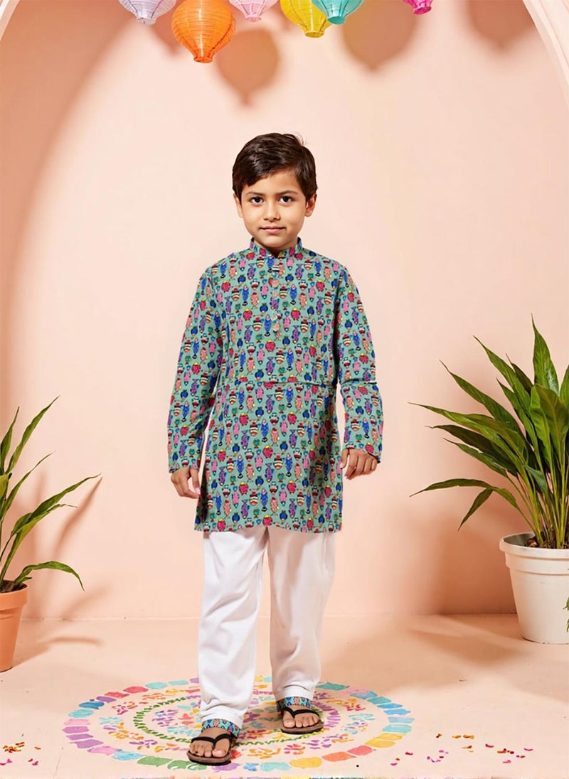 Nautinati Multicolor Festive Block-print Kurta and Pyjama Set for Boys - Image 1