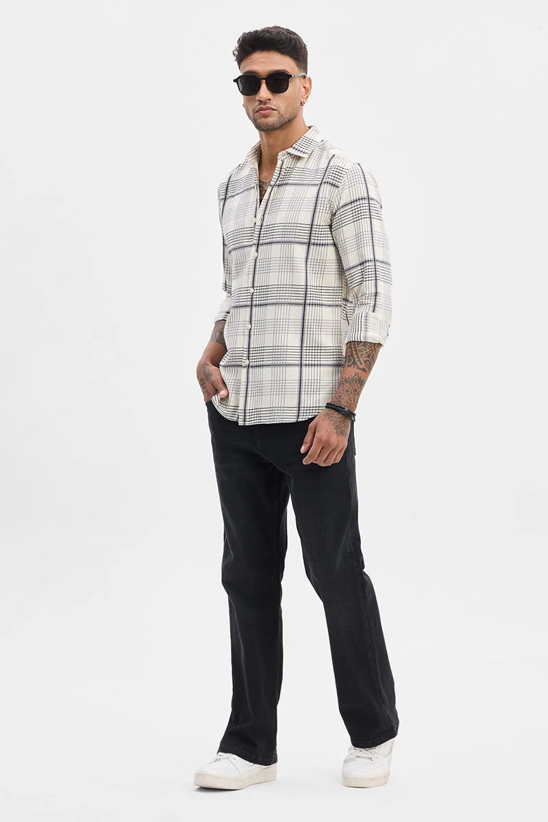سنيتش Cream Checkered Long Sleeve Slim Fit Casual Shirt