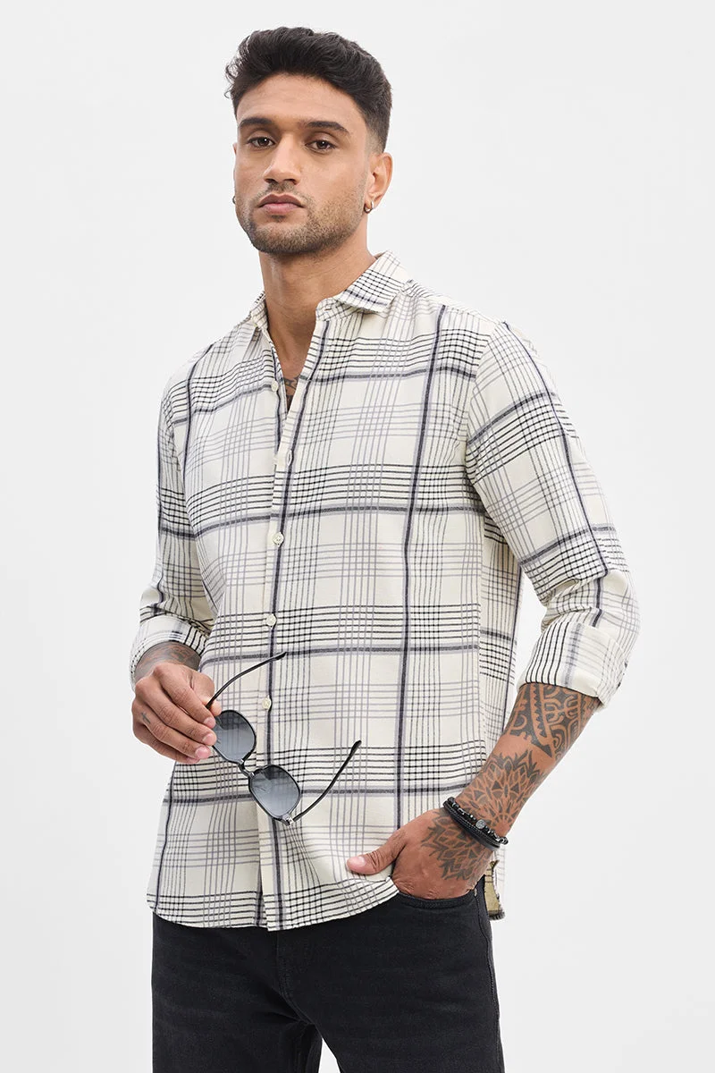 سنيتش Cream Checkered Long Sleeve Slim Fit Casual Shirt