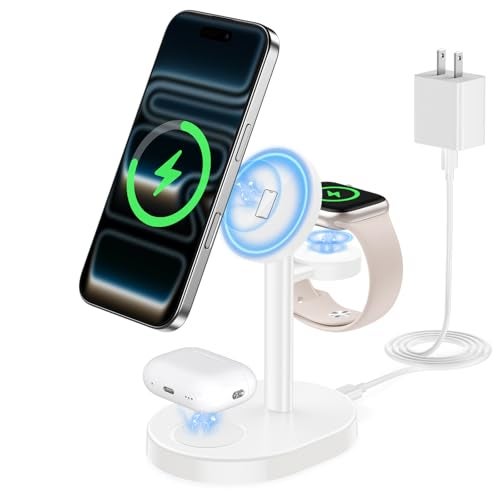 Hevanto 2026 3 in 1 Wireless Charging Station for Apple MagSafe Charger, 15W Fast Mag-Safe Charger Stand for iPhone 17 16 15 14 13 12 17e Apple Watch AirPods Compatible with MagSafe, White - Image 1