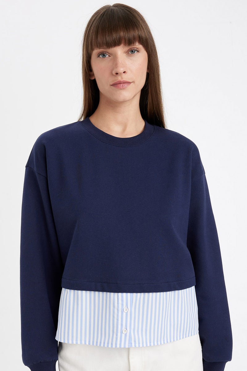 DeFacto Blue Woman Relax Fit Crew Neck Hem Detailed Basic Sweatshirt Casual - Image 1