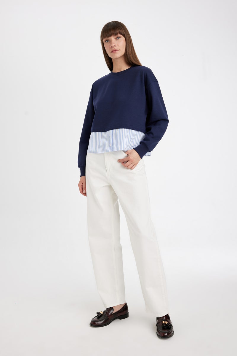 DeFacto Blue Woman Relax Fit Crew Neck Hem Detailed Basic Sweatshirt Casual - Image 2