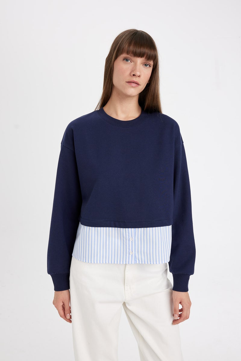 DeFacto Blue Woman Relax Fit Crew Neck Hem Detailed Basic Sweatshirt Casual - Image 4