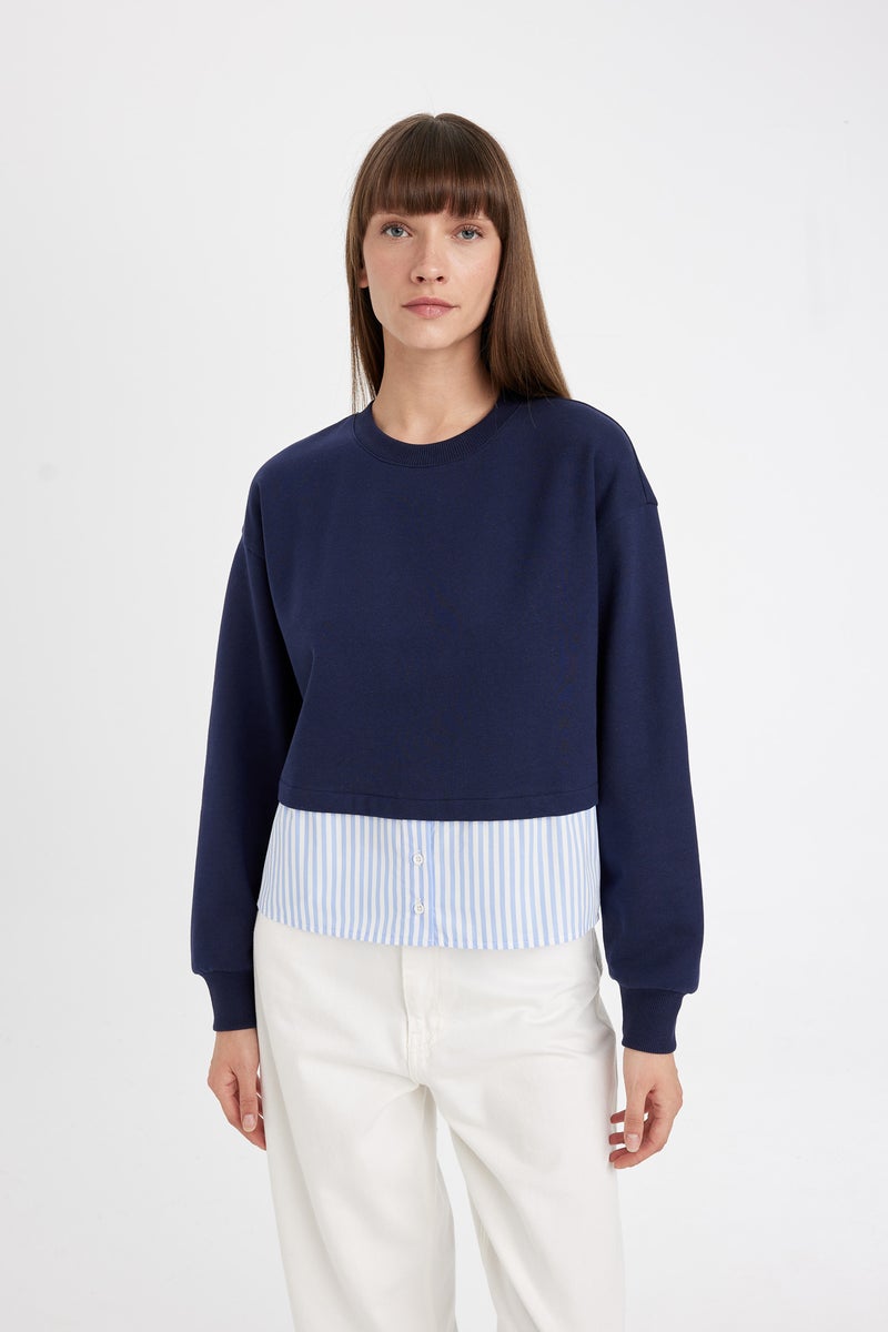 DeFacto Blue Woman Relax Fit Crew Neck Hem Detailed Basic Sweatshirt Casual - Image 3