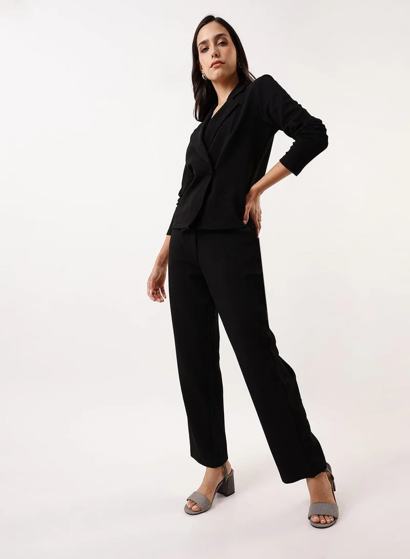 Dennis Lingo Women's Black 100% Polyester Solid Single-Breasted Upper Full Length Casual Bottom Regular Fit Co-Ords