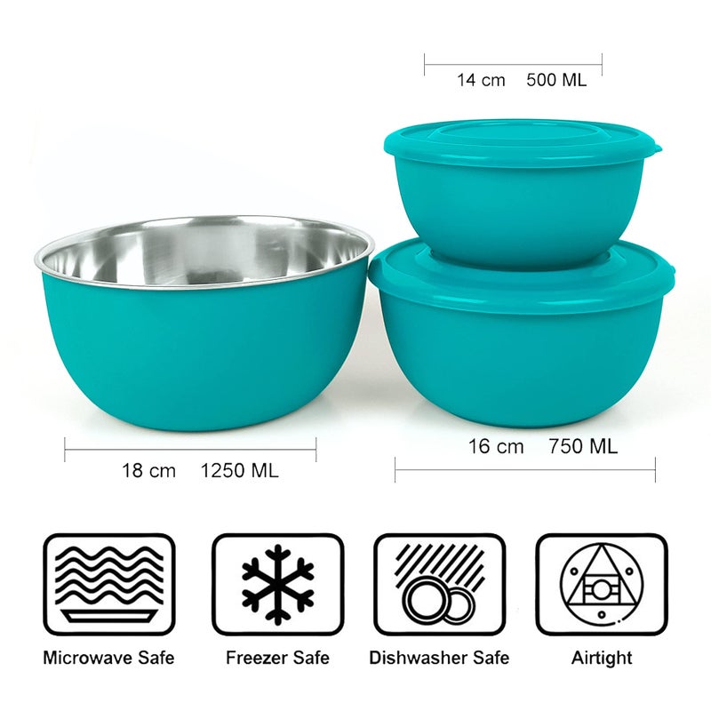 Zaib Microwave Safe Stainless Steel Mixing Bowl Set of 3 with Lid | Food Storage Containers for Kitchen | Fridge & Freezer Safe | 500 ml, 800 ml, 1250 ml (3 Classic Turquoies Bowl) - Image 2