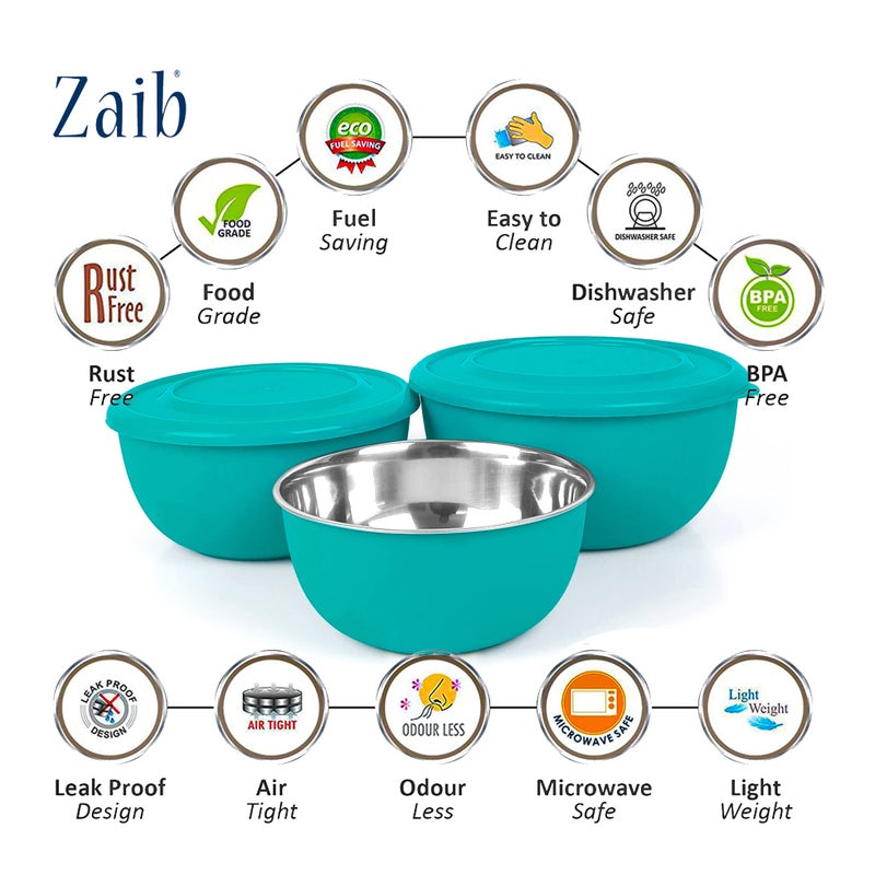 Zaib Microwave Safe Stainless Steel Mixing Bowl Set of 3 with Lid | Food Storage Containers for Kitchen | Fridge & Freezer Safe | 500 ml, 800 ml, 1250 ml (3 Classic Turquoies Bowl) - Image 3