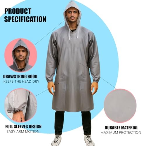 HACER EVA Raincoat 110 GSM with Adjustable Hood Full Sleeves Universal Size Long Length Lightweight Water Resistant Outdoor Rainwear for Camping Trekking Hiking Men & Women (Pack of 1, Grey) - Image 3