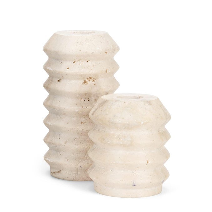 CANDLE HOLDERS TRUE NATURAL TRAVERTINE STONE 04 THICK SET OF 2 PREMIUM MARBLE CANDLESTICK HOLDER FOR WEDDING DINNING PARTY CANDLE STAND FOR 34 INCH THICK CANDLES COLOR WHITE ZT002