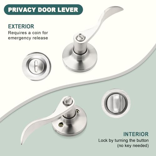 GOBEKOR 3 Pack Satin Nickel Privacy Door Handles for Bedroom and Bath Lever Door Handle Interior with Lock Wave Door Levers Keyless - Image 3