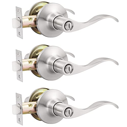 GOBEKOR 3 Pack Satin Nickel Privacy Door Handles for Bedroom and Bath Lever Door Handle Interior with Lock Wave Door Levers Keyless - Image 1