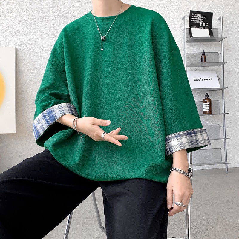 Plaid Stitching Seven-sleeved T-shirt Men's Ins Hong Kong-style Trendy Lazy High-end Men's oversize Short-sleeved Top - Image 1