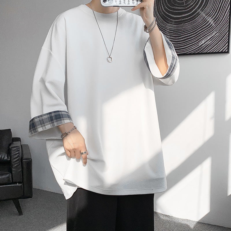 Plaid Stitching Seven-sleeved T-shirt Men's Ins Hong Kong-style Trendy Lazy High-end Men's oversize Short-sleeved Top - Image 4