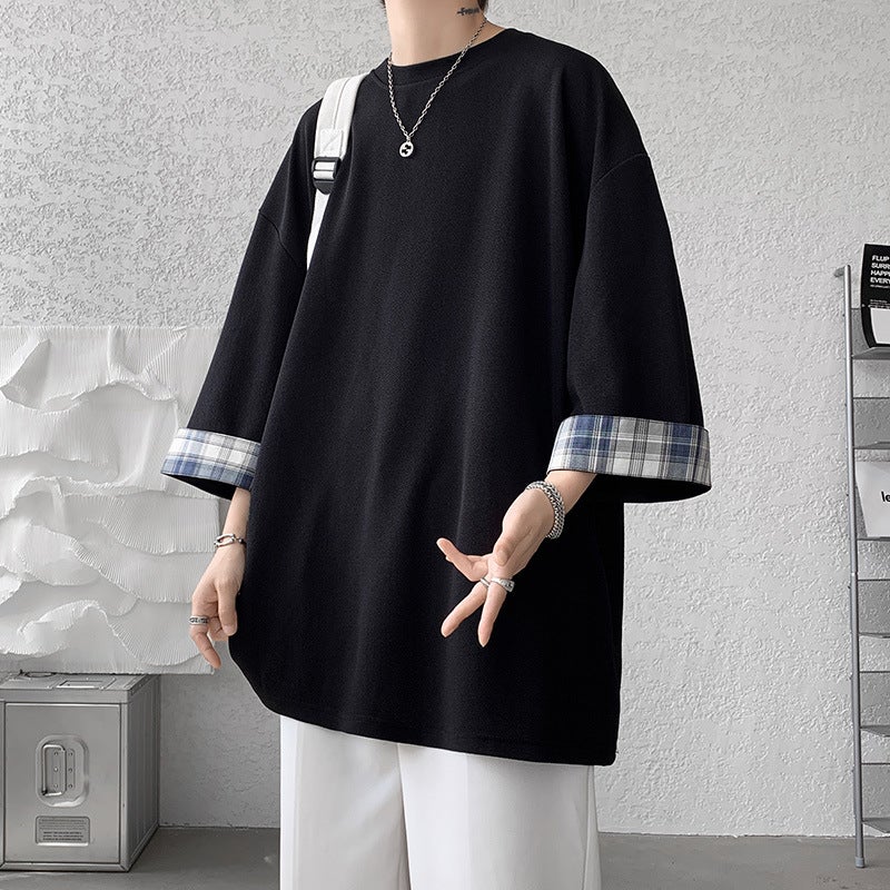 Plaid Stitching Seven-sleeved T-shirt Men's Ins Hong Kong-style Trendy Lazy High-end Men's oversize Short-sleeved Top - Image 3