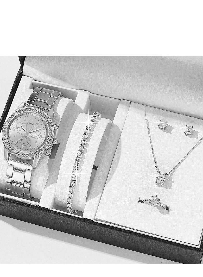 Geneva Shining Ladies Watches Gifts Set with Diamond Decorated Bracelet Necklace Ring Earrings Luxury Fashion Quartz Wrist Womens Watch 5Pcs Set - Image 1