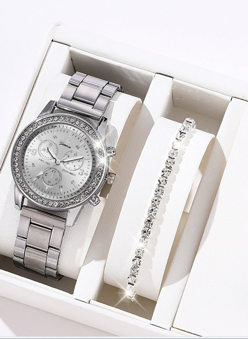 Geneva Shining Ladies Watches Gifts Set with Diamond Decorated Bracelet Necklace Ring Earrings Luxury Fashion Quartz Wrist Womens Watch 5Pcs Set - Image 2