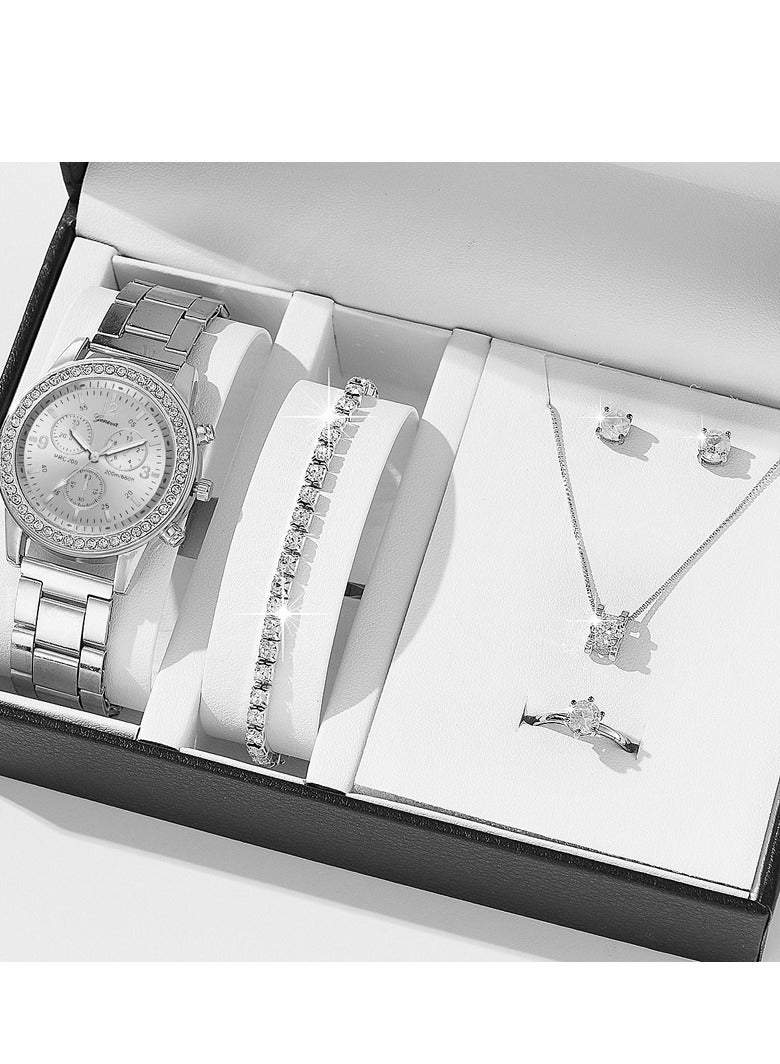 Geneva Shining Ladies Watches Gifts Set with Diamond Decorated Bracelet Necklace Ring Earrings Luxury Fashion Quartz Wrist Womens Watch 5Pcs Set - Image 4