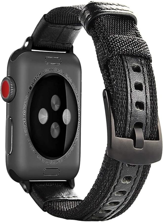 VPG - Nylon And Natural Leather Strap With Metal Buckle For Apple IWatch 42-44 mm Ser 4-5 Black - Image 1