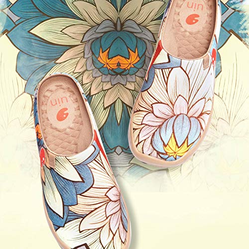 UIN Women's Slipper Fashion Canvas Comfort Travel Art Painted Shoes Wide Toe Casual Household Slip On Mules Nelumbo (9) - Image 2