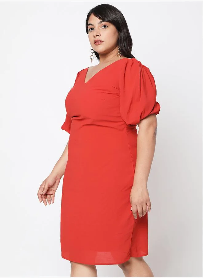 Mish Solid Wide V-Neck Short Puff Sleeve Dress by Styli