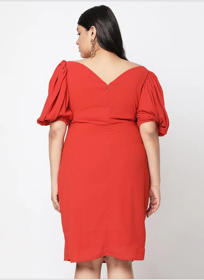Mish Solid Wide V-Neck Short Puff Sleeve Dress by Styli