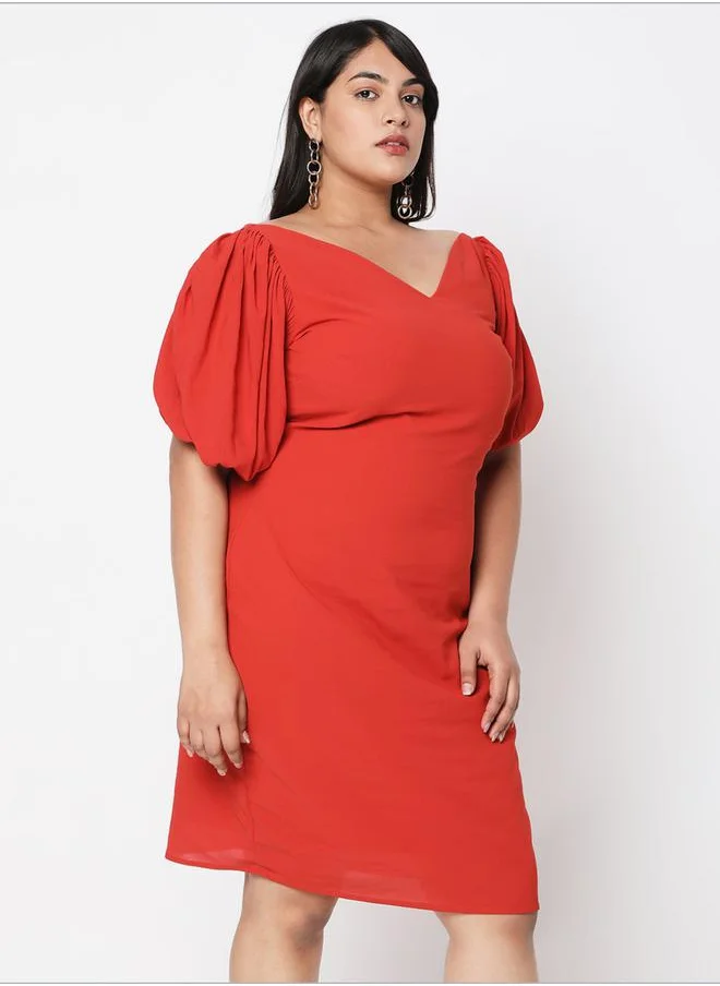 Mish Solid Wide V-Neck Short Puff Sleeve Dress by Styli