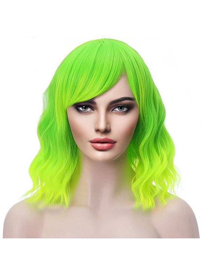 PATTNIUM Lime Green Wig Short Wavy Wig Fluorescent Green Wig For Women Girls Green Wig Bangs Bob Synthetic Wig Cosplay Costume Daily Wear Wig (Lime Green) - Image 1