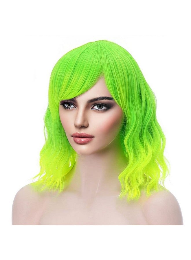 PATTNIUM Lime Green Wig Short Wavy Wig Fluorescent Green Wig For Women Girls Green Wig Bangs Bob Synthetic Wig Cosplay Costume Daily Wear Wig (Lime Green) - Image 5