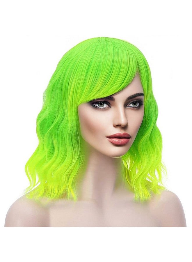 PATTNIUM Lime Green Wig Short Wavy Wig Fluorescent Green Wig For Women Girls Green Wig Bangs Bob Synthetic Wig Cosplay Costume Daily Wear Wig (Lime Green) - Image 3