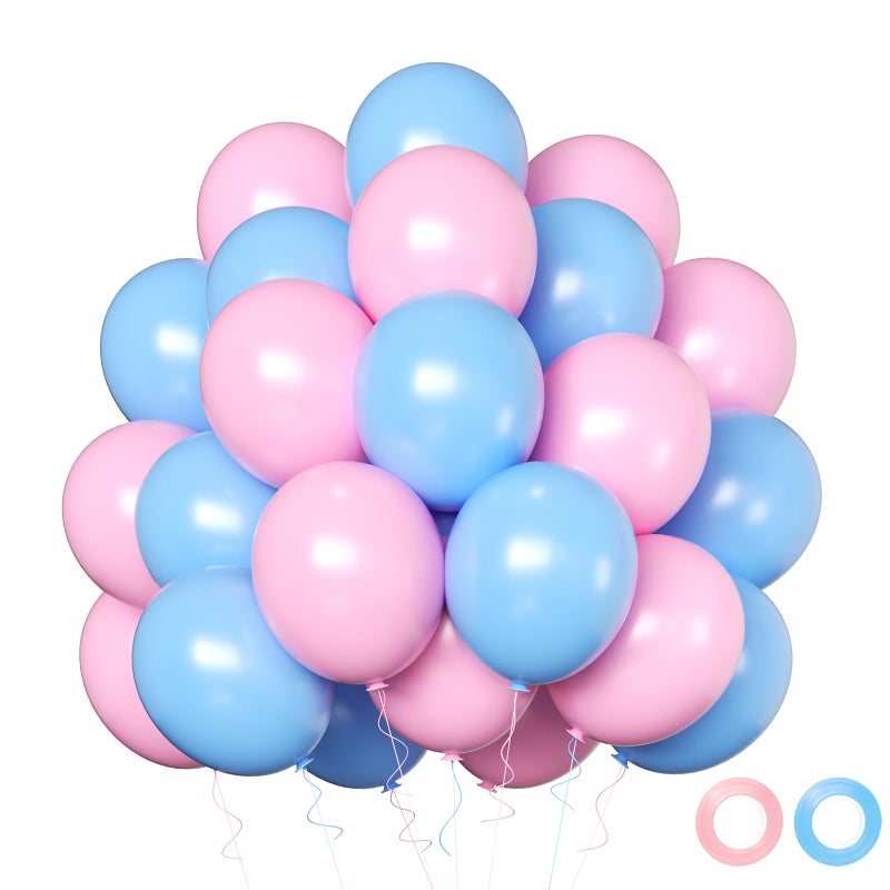 Qmraercu Pink and Blue Balloons, 50 Pcs 12 Inch Pink Blue Party Balloons With Pink Blue Latex Balloon Ribbon Pink blue Balloons for Birthday Baby Shower Gender Reveal Wedding Party Decoration - Image 1