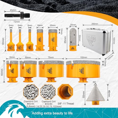 EXFEIN Diamond Tile Hole Saw Kit 12pcs Diamond Core Drill Bits 6681925355075102mm for Tile Porcelain Ceramic Marble with 20mm Finger Bit and 50mm Chamfer Bit Trimming Holes and SDS Adapter - Image 3