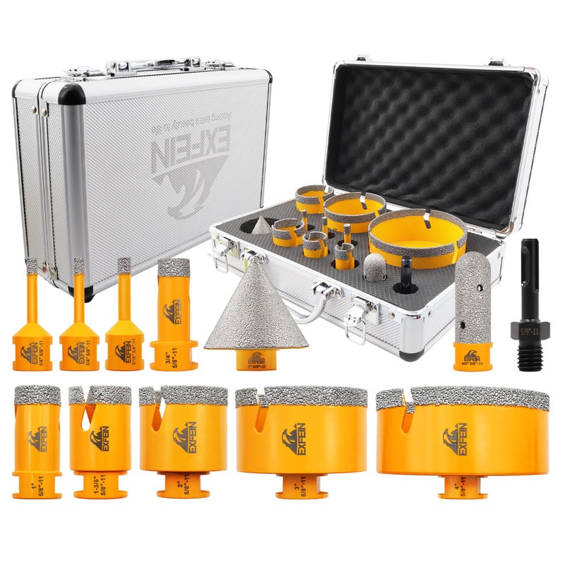 EXFEIN Diamond Tile Hole Saw Kit 12pcs Diamond Core Drill Bits 6681925355075102mm for Tile Porcelain Ceramic Marble with 20mm Finger Bit and 50mm Chamfer Bit Trimming Holes and SDS Adapter - Image 2
