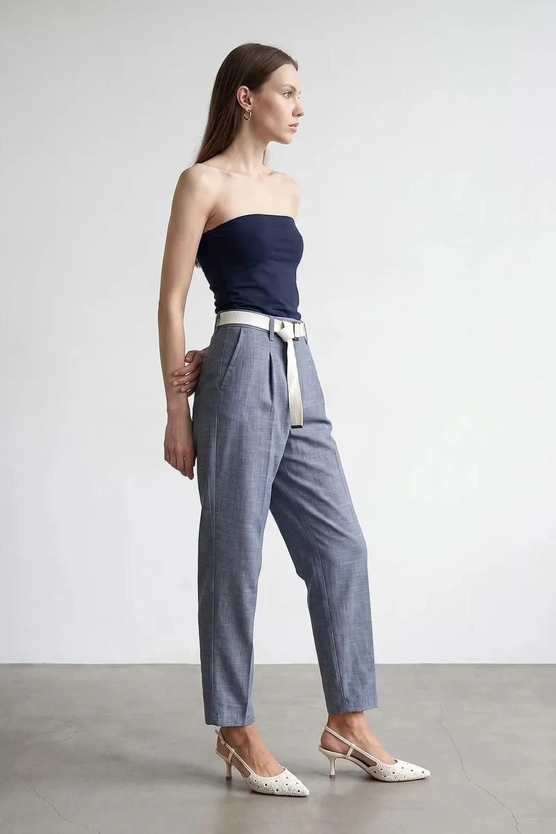 Dilvin Maya Blue DILVIN Belted Straight-leg Ankle Trousers for Women | Best Price UAE