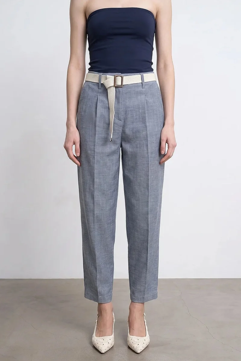 Dilvin Maya Blue DILVIN Belted Straight-leg Ankle Trousers for Women | Best Price UAE