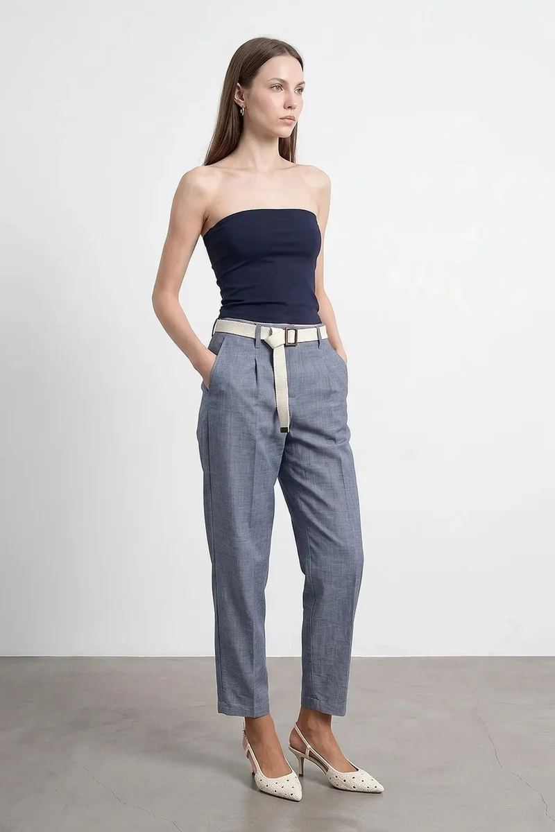 Dilvin Maya Blue DILVIN Belted Straight-leg Ankle Trousers for Women | Best Price UAE