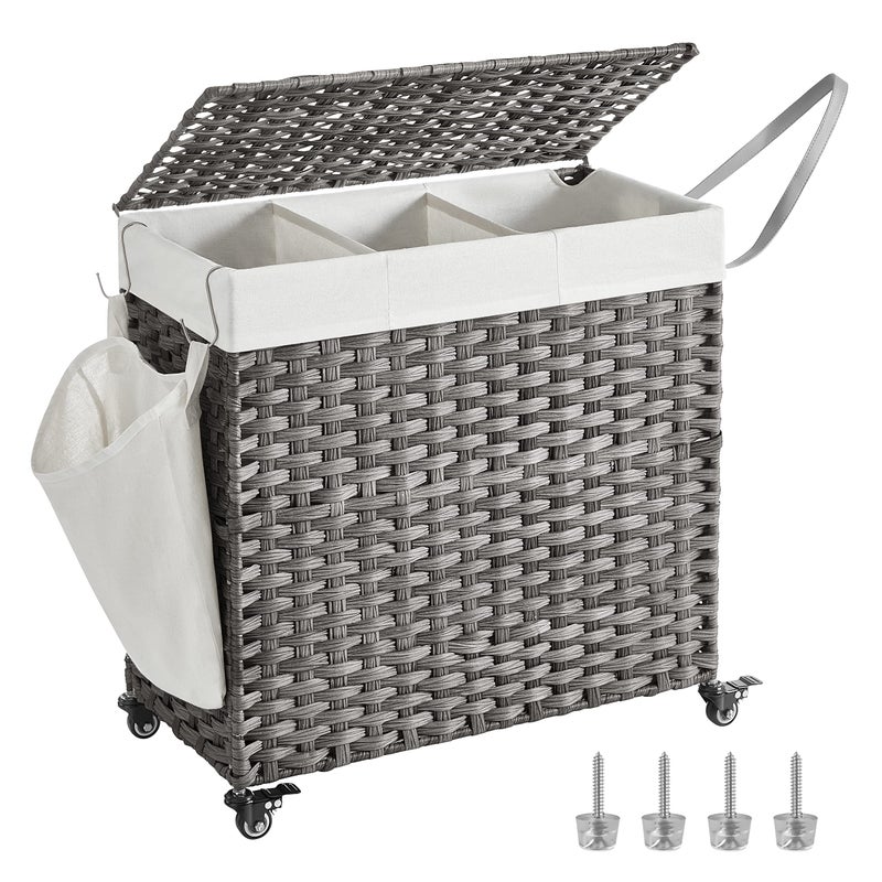 SONGMICS SONGMICS Laundry Hamper with Lid 37 Gallons 140 L Rolling Laundry Basket with Wheels 3Section Synthetic Rattan Removable Liner Bedroom 26 x 13 x 26 Inches Gray ULCB363G01